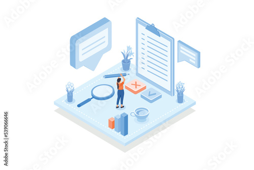 Conceptual template with woman filling in form or answering questions. Scene for online public survey, statistical study or research, opinion poll, isometric vector modern illustration