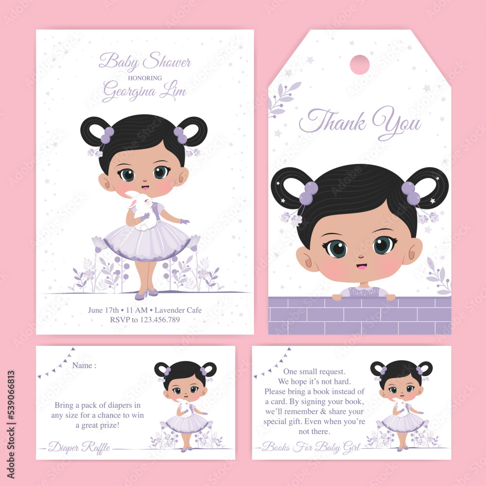 Baby girl shower invitation set with cute girl and white bunny