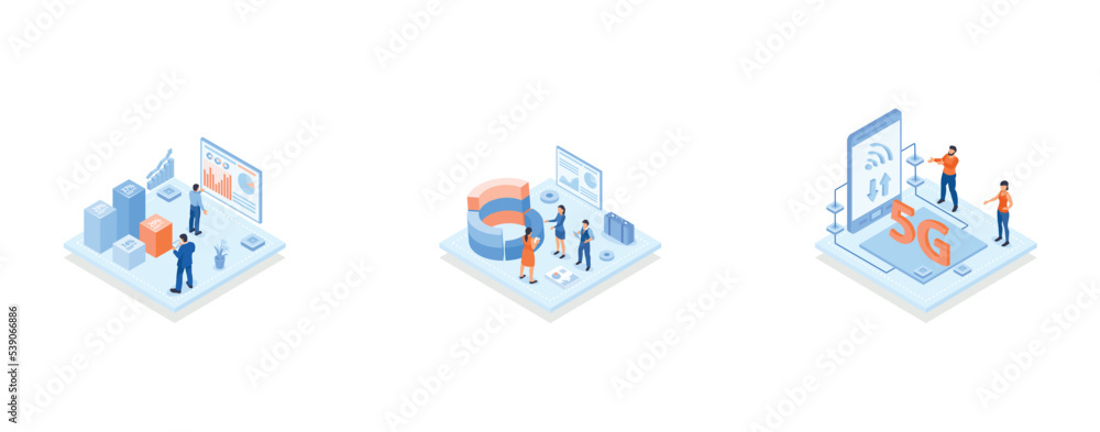 Conceptual template with analysts looking at column chart with percentage indicators, Conceptual template with group of people analyzing round chart, Scene for 5G technology standard for mobile device