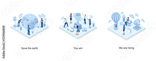 People Characters trying to Save Planet Earth, You win concept banner, We are hiring concept with character, set isometric vector illustration