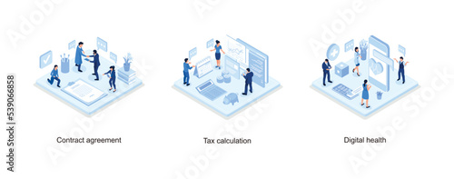Characters Shaking Hands after Signing Official Contract Document, Office Desk with Documents for Tax Calculation, Digital health concept, set isometric vector illustration