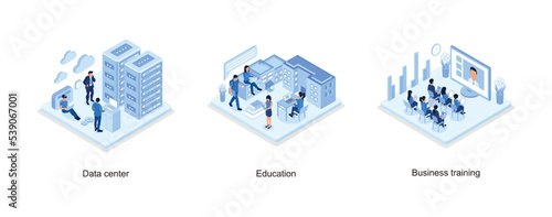 Data center concept with character, Students Study Online in University or College Campus, Business training or courses concept, set isometric vector illustration