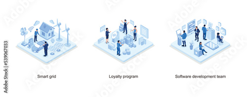 Smart grid concept design, People Characters Standing near Big Shopping Bag and Holding Discount Voucher, Development team at work concept, set isometric vector illustration