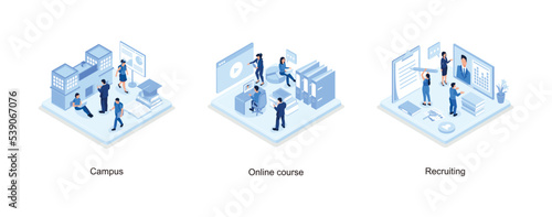 Students in university campus concept with text place, Online education concept with text place, Recruitment concept banner with character, set isometric vector illustration
