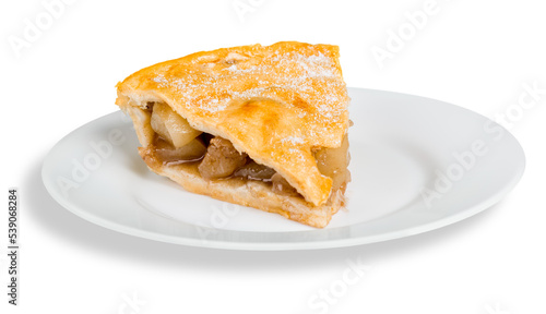 Single slice of apple pie isolated on white background