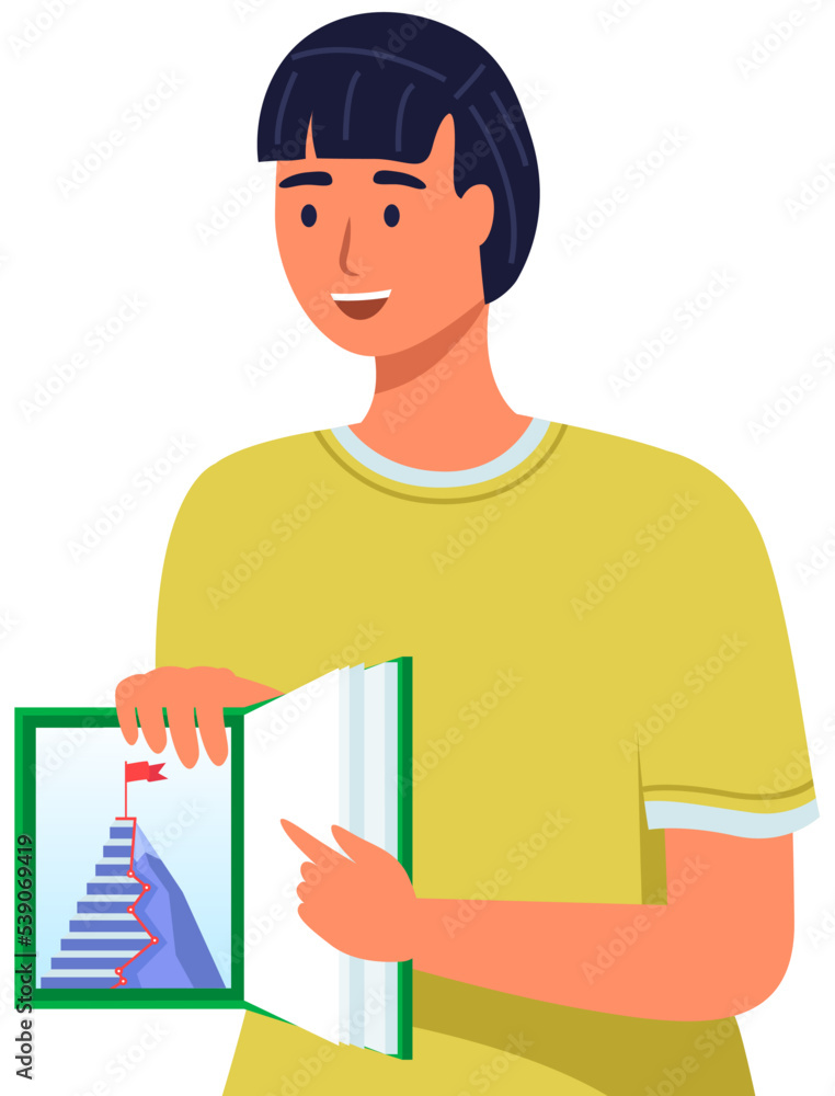 Man showing opened book with way to success instruction. Career ladder or staircase illustrated on textbook page. Guy working or studying with literature. Knowledge and work lead to success concept