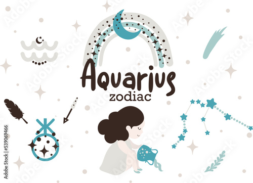 Aquarius zodiac sign clipart - cute kids horoscope, zodiac stars, constellation, rainbow, planet,  arrow and comet isolated Vector illustration on white background. Cute vector astrological character.