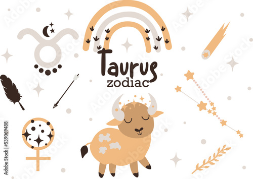 Taurus zodiac sign clipart - cute kids horoscope, zodiac stars, constellation, rainbow, planet, arrow and comet isolated Vector illustration on white background. Cute vector astrological character