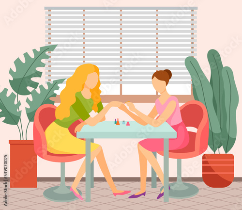 Woman in nail beauty salon. Master with nail file doing manicure. Customer in manicure studio vector illustration. Body care spa, beauty treatment concept. Lady at fingernail service in studio photo