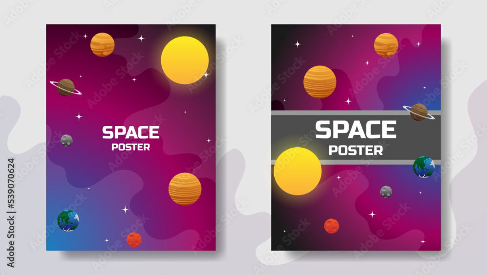 space poster design with planets, sun, star and universe. modern space cover design. vector illustration