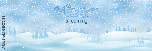 Light winter landscape, snow drifts and trees, it snows, vector illustration, panoramic view