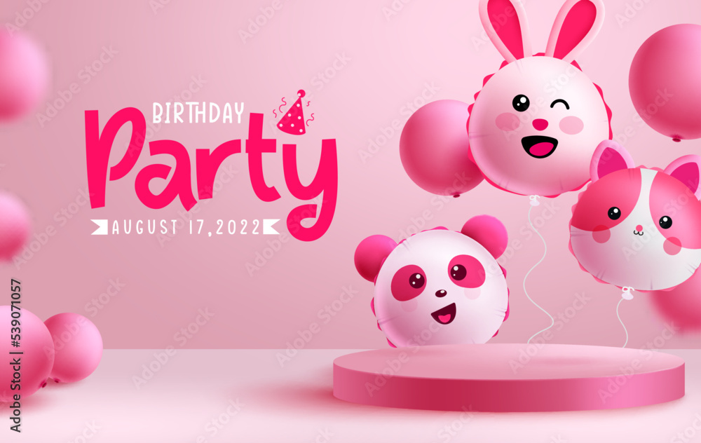 Birthday party text vector design. Character balloons floating in podium stage for holiday presentation in pink background. Vector Illustration.