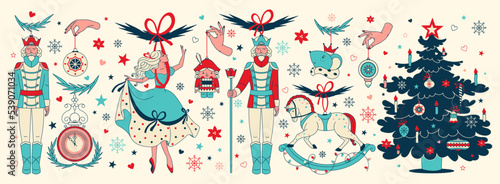 Vintage Christmas Collection of beautiful baubles and decorations for Christmas tree.Noel Graphic Set of isolated holiday illustrations, stickers: nutcracker, ballerina, solder, mouse, rocking horse