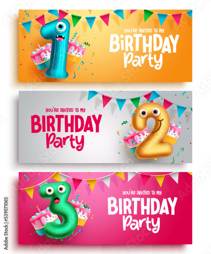 Birthday party vector set design. Character balloons in one, two, three number balloon collection for party background decoration. Vector Illustration.