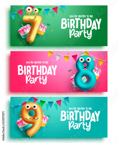 Birthday party text vector set design. Balloons number character collection with pennant and party elements in colorful background. Vector Illustration.