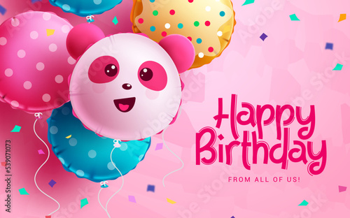 Happy birthday greeting text vector design. Birthday character panda balloon elements for kids party decoration elements. Vector Illustration.