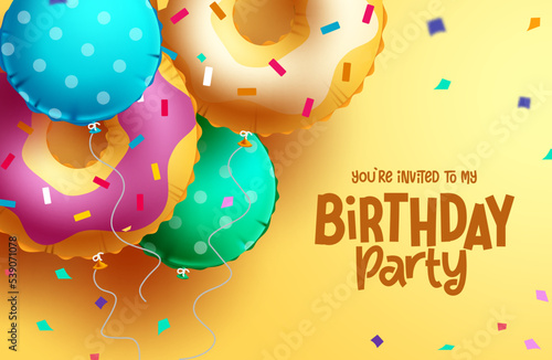 Birthday donut balloons vector design. Happy birthday greeting text with colorful doughnut balloon floating decoration elements background. Vector Illustration.