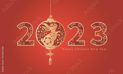 Happy chinese new year 2023, year of the rabbit zodiac sign, with flower, lantern, asian elements.