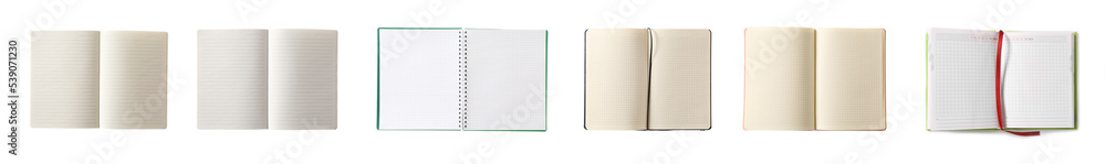 Collage of open notebooks on white background Collage of open notebooks on white background