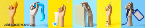 Group of wooden mannequin hands with different items on color background