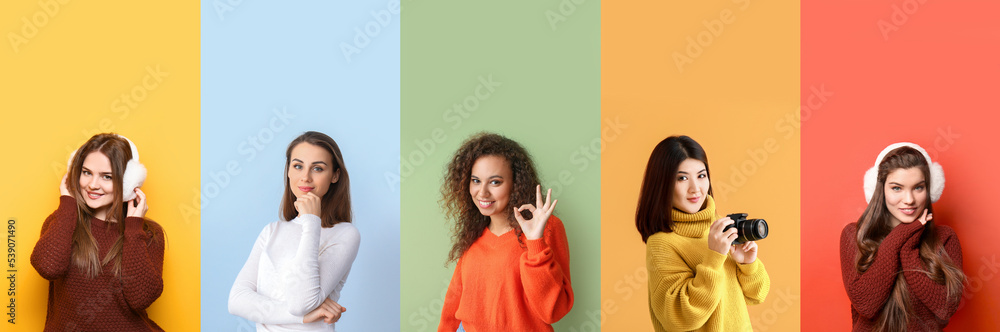 Collection of beautiful young women in warm sweaters on color background Collection of beautiful young women in warm sweaters on color background