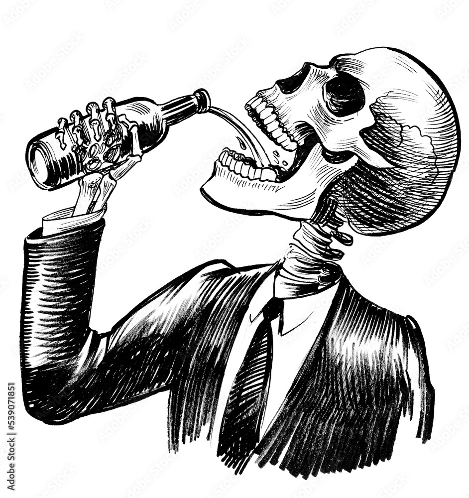 Human skeleton drinking a bottle of beer. Ink black and white drawing