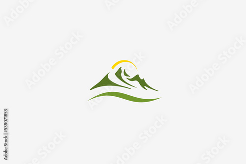 Illustration vector graphic of green mountain, land grass, and sun. Good for logo