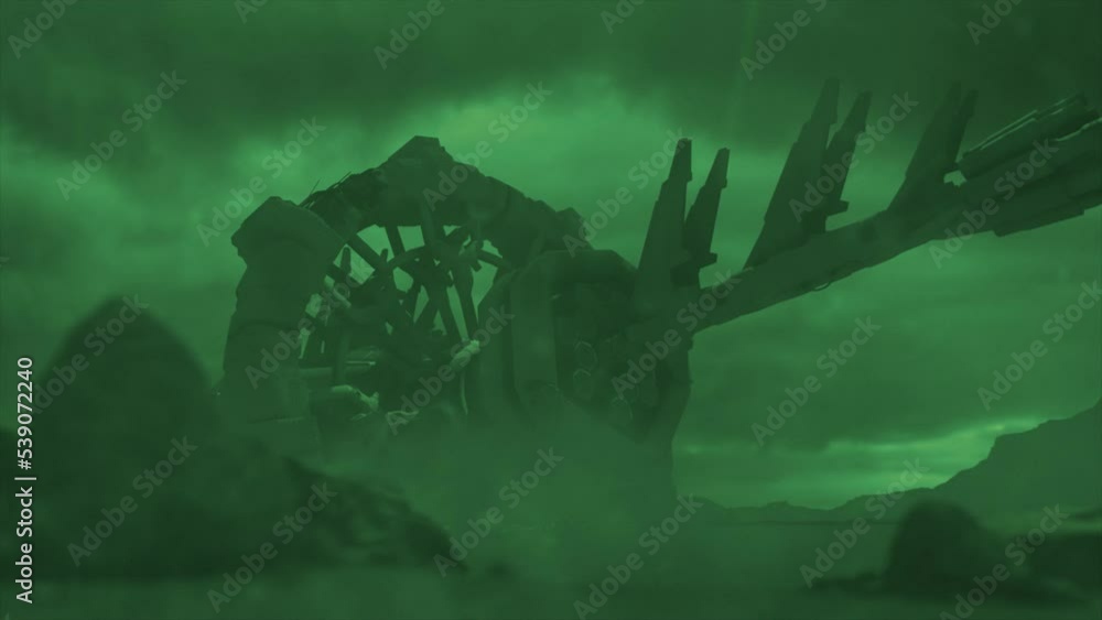 Cinematic shot of a stormy ancient alien crash site, with a smooth