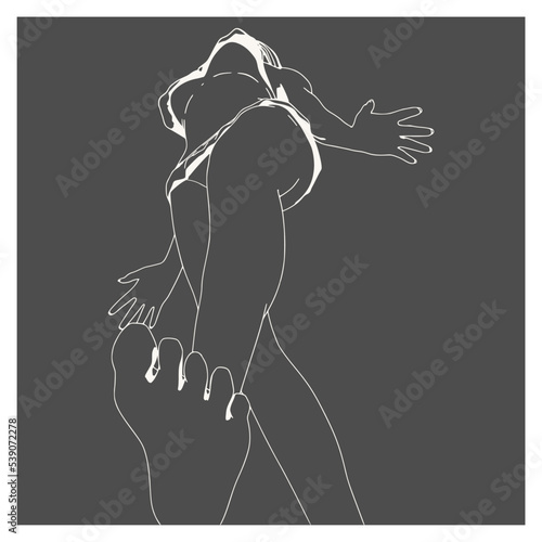 Illustration of a beautiful fashion model posing in a stylish swimsuit. Young attractive woman in bikini. Bottom view