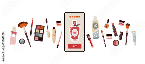 Buy makeup,skincare cosmetic online with mobile phone or application.Vector