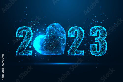 Abstract futuristic 2023 Happy New Year digital web banner with festive glowing heart on dark blue 
