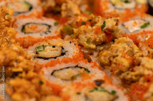 A set of different types of rolls in a box. Top view of various portions of vegetarian and fish rolls.