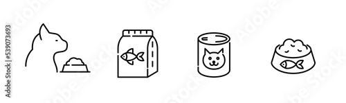 Cat feeding icons. Package, can and bowl of cat food. Pixel perfect, editable stroke line
