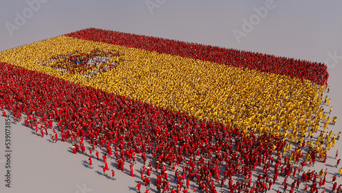 A Crowd of People gathering to form the Flag of Spain. Spanish Banner on White. photo