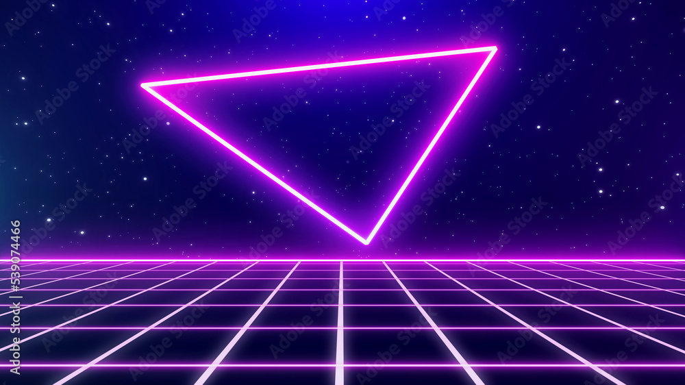 Retro style Sci-Fi future synthwave background. Futuristic Perspective Grid Landscape. Digital Cyber Surface. Suitable for design party flyer, banner, poster or cover style 80s or 90s. 3D illustration