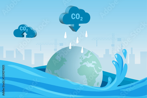 World flooding and drowning from heavy rain on co2 pollution cloud. Global warming, climate change and carbon emission, environment pollution effected natural disaster to world.