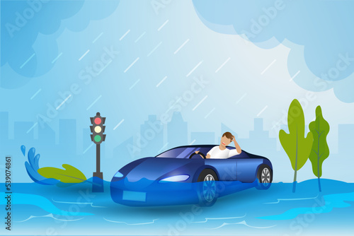 Cars on flooding road in city from raining storm typhoon. Nature disaster, Tsunami and catastrophic caused by climate change and global warming. Ecology and environment concept.