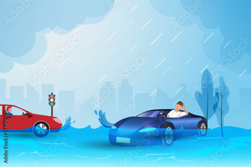 Cars on flooding road in city from raining storm typhoon. Nature disaster, Tsunami and catastrophic caused by climate change and global warming. Ecology and environment concept.