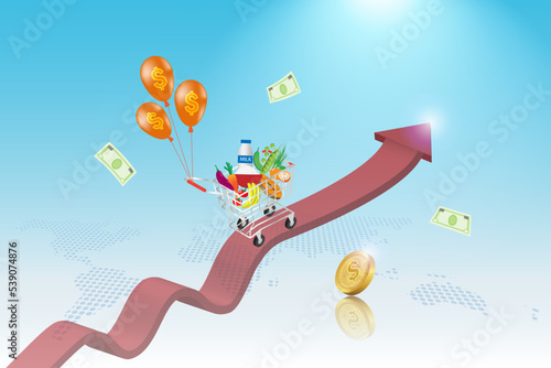 Foods inflation and crisis, cost of living, economic indicator scale. Grocery cart trolley with dollar balloon inflation on high graph indicator on world map. Rising foods cost and grocery price.