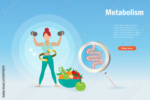 Metabolism system and weight control. Active woman exercising with healthy foods and intestines on magnifying glass. Balancing appropriated nutrition and exercising for healthy body.