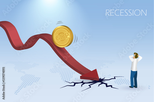 GDP gold coin falling on dropping economic recession graph crashing floor with panic businessman. Global economic crisis and bankruptcy depression business.