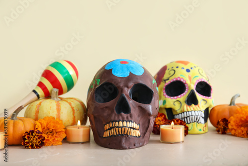 Painted human skulls with f...