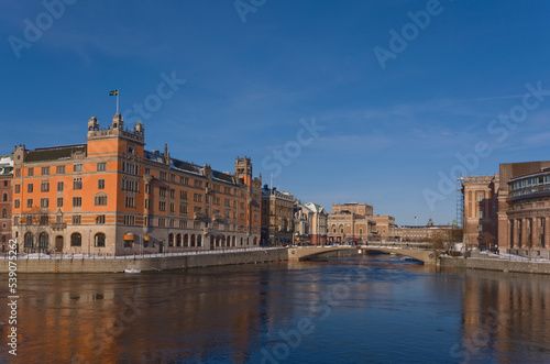 Swedish Parliament House the Prime Minister s Office a sunny snowy winter evening in Stockholm