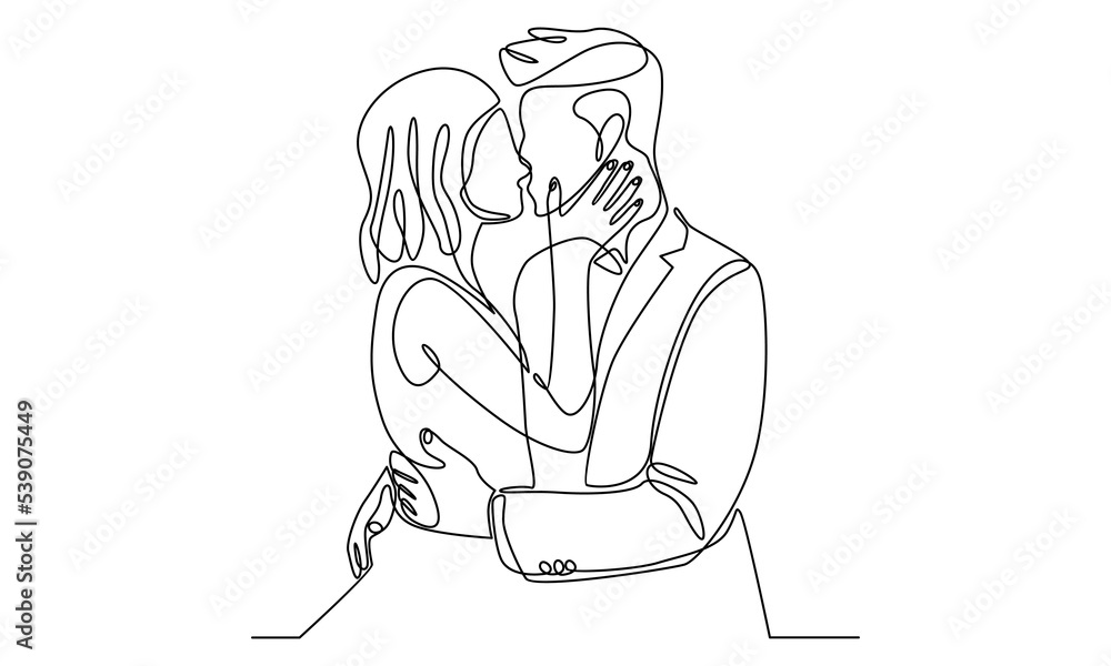 Continuous line of happy married man and woman. Romantic young wedding couple Continuous line of happy married man and woman. Romantic young wedding couple