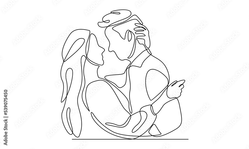 Continuous line of happy married man and woman. Romantic young wedding couple Continuous line of happy married man and woman. Romantic young wedding couple