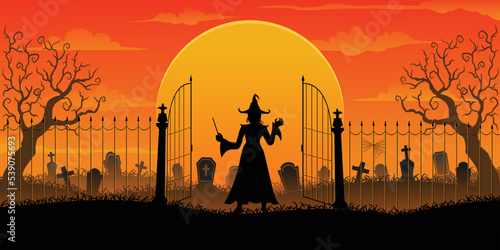 Halloween spooky cartoon illustration. Graphic design for the decoration of gift certificates, banners and flyer.