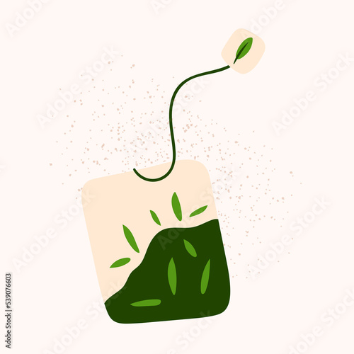 Vector tea bag with herb in doodle style. Isolated cartoon green tea time sticker