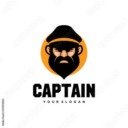Bearded ship captain or skipper with crest hat for nautical logo design for sailors