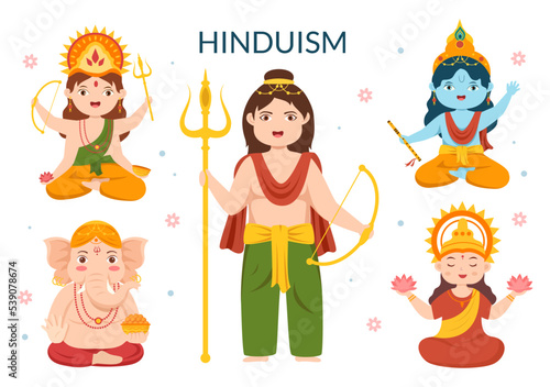 Hinduism of Various Indian God Flat background Cartoon Hand Drawn Templates Illustration