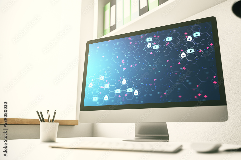 Creative concept of abstract medical illustration on modern laptop screen. Medicine and healthcare concept. 3D Rendering Creative concept of abstract medical illustration on modern laptop screen. Medicine and healthcare concept. 3D Rendering